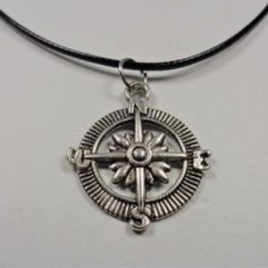 NAUTICAL COMPASS ROSE BLACK LEATHER NECKLACE